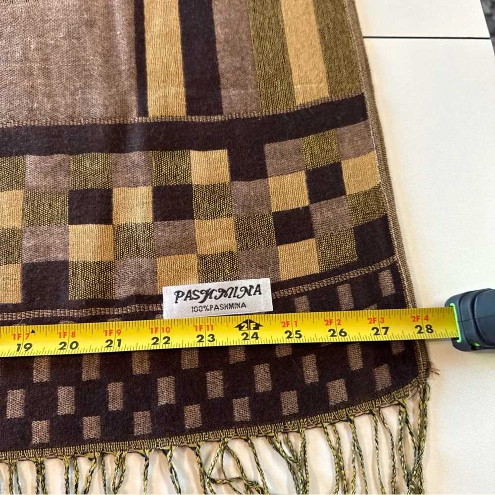Pashmina Scarf Wrap Shawl Throw Brown Paisley Checkerboard Stripe Fringe 28